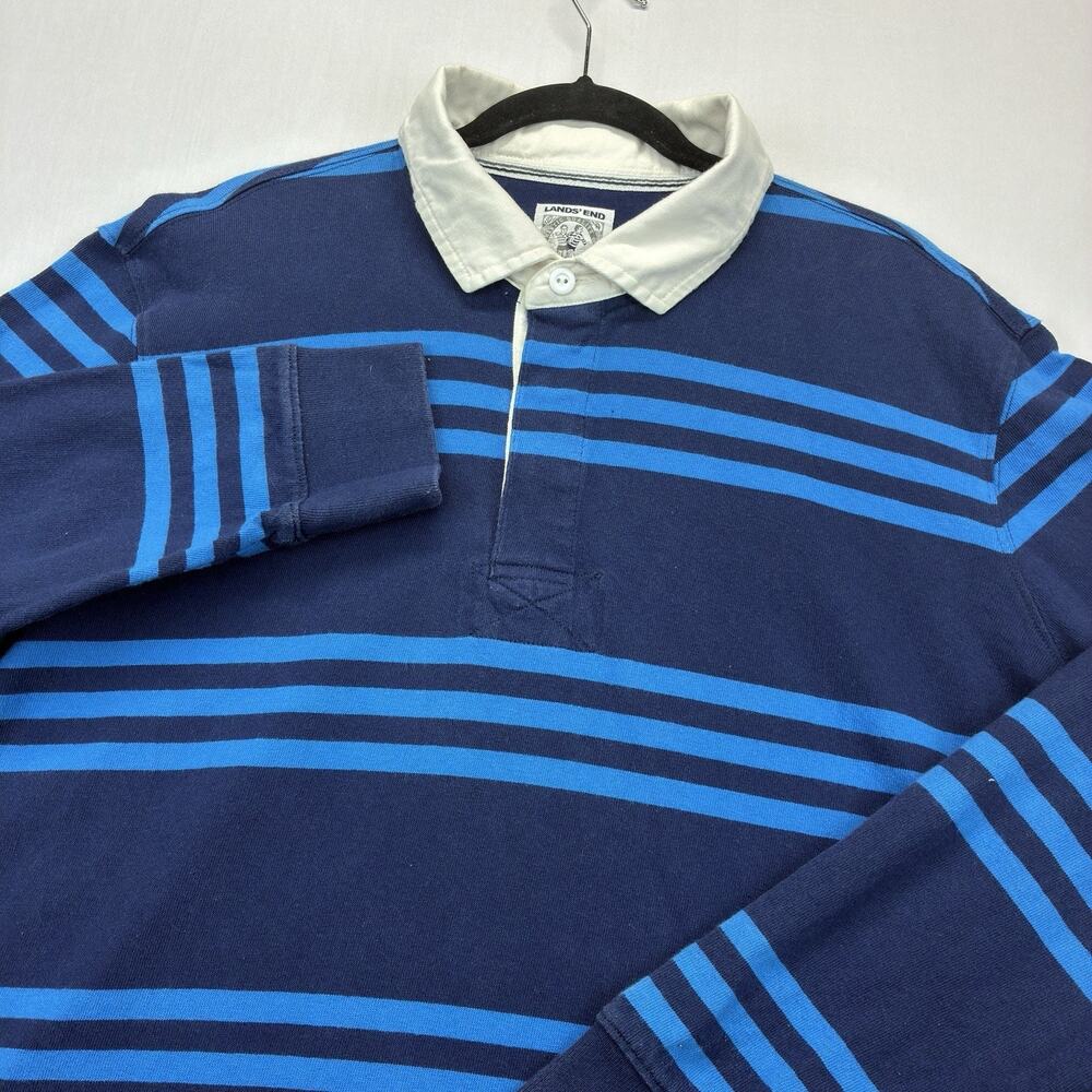 Lands’ End Rugby Shirt Men’s XL Vintage Blue Striped Long Sleeve Cotton Polo